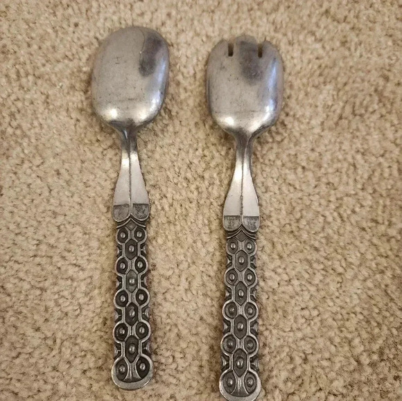 Vintage David Andersen Norway Pewter "Old Norse" Serving Spoon & Fork Salad Set. - Picture 3 of 3